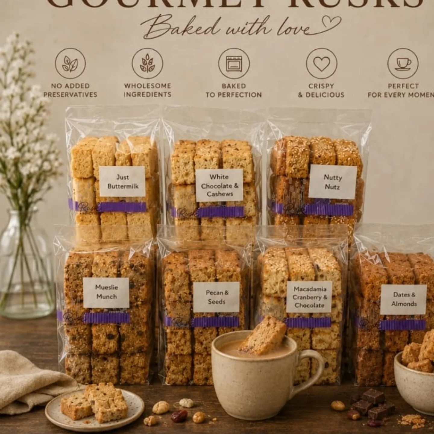 Rusk Addiction bags of gourmet rusks with a cup of coffee